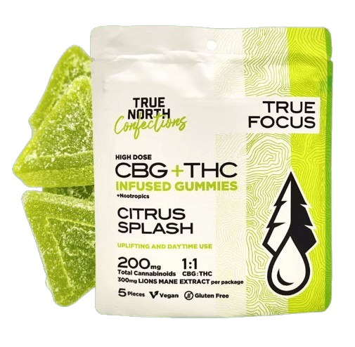 Citrus Splash - Focus - 5 Pieces - 20mg THC : 20mg CBG : 30mg Lions Mane Extract - Vegan & Gluten Free Gummies - True North - Sativa