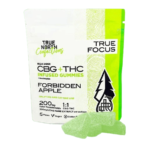 Forbidden Apple - Focus - 5 Pieces - 20mg THC : 20mg CBG : 30mg Lions Mane Extract - Vegan & Gluten Free Gummies - True North - Sativa