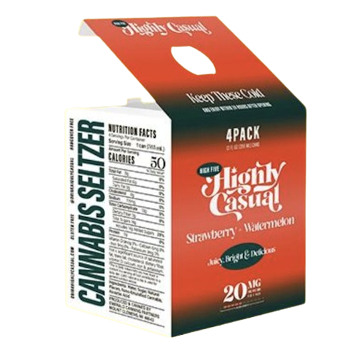 Strawberry + Watermelon Seltzer - 20mg THC Pack - 4 - 5mg THC:5mg CBD 12 Oz Cans of Seltzer - HIGHLY CASUAL - Hybrid